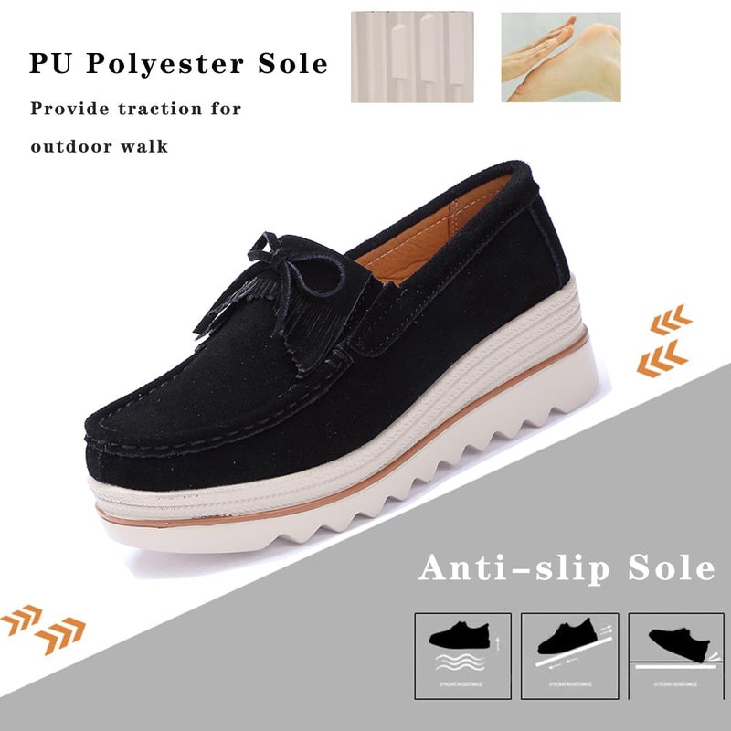 Ruiatoo Women Loafers & Slip-ons Platform Comfort Suede Low Top Moccasins with Tassel Casual Platform Dress Shoes (2017,Black 37) - Image 2